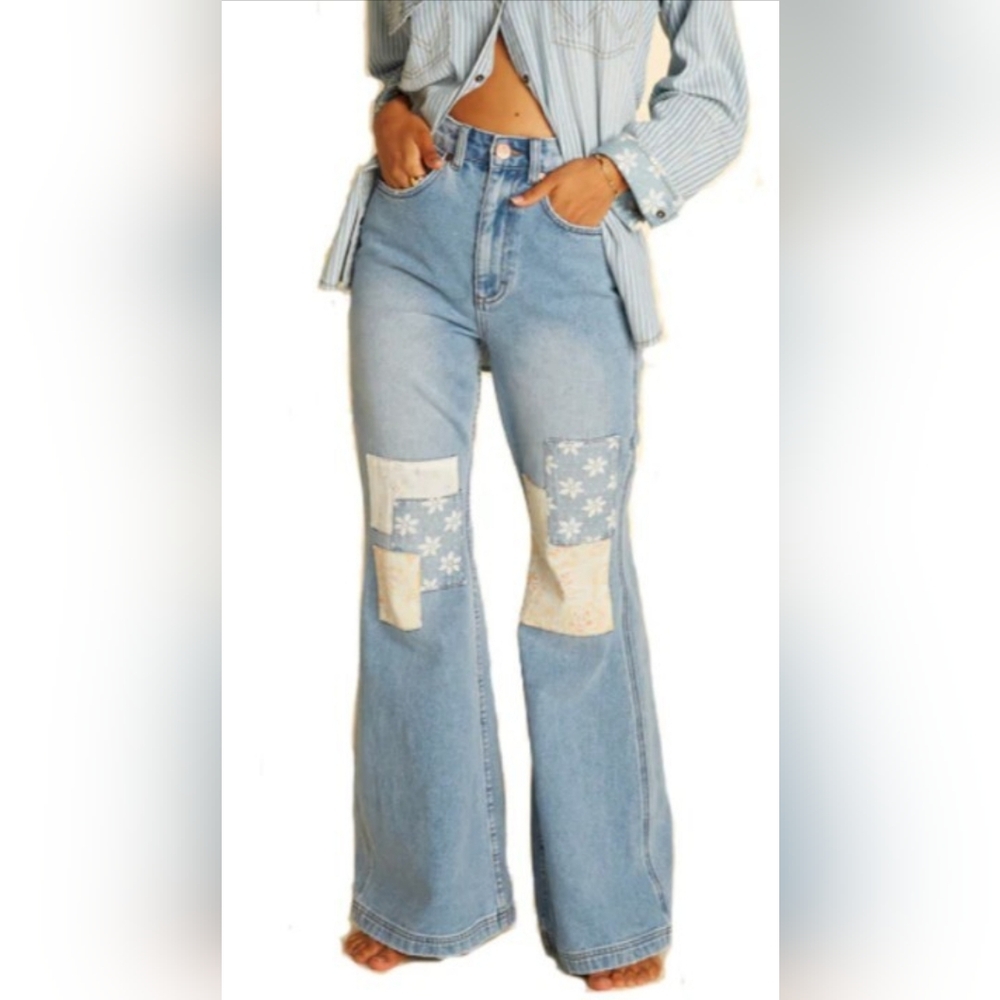 Women's Wrangler x Billabong Bell Bottom Patchwork Denim Jeans True Blue
